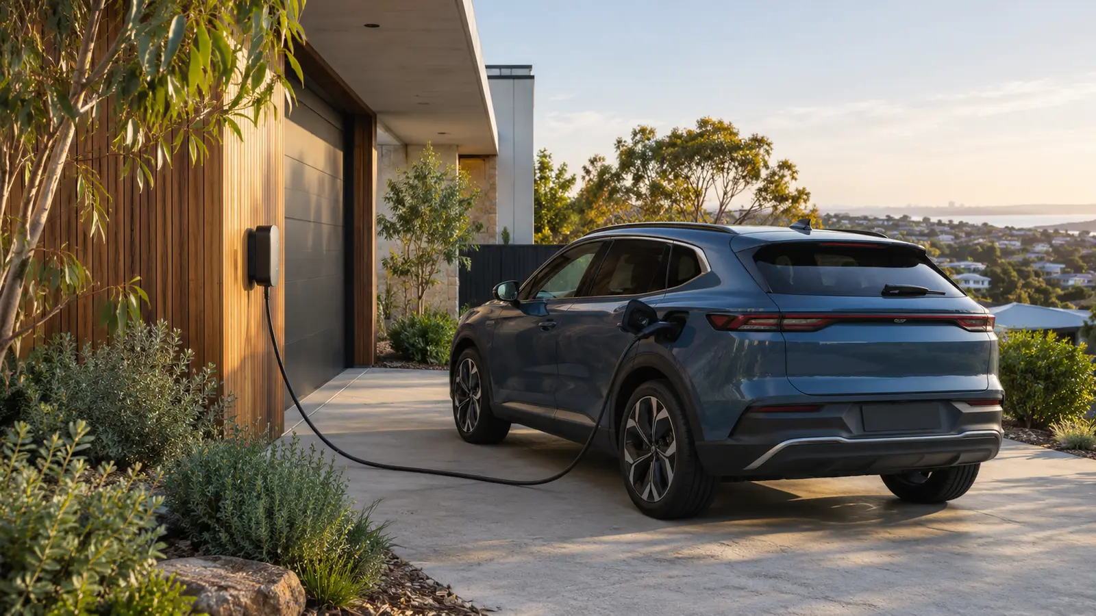 An electric vehicle connected to a wall-mounted home charger at an Australian home